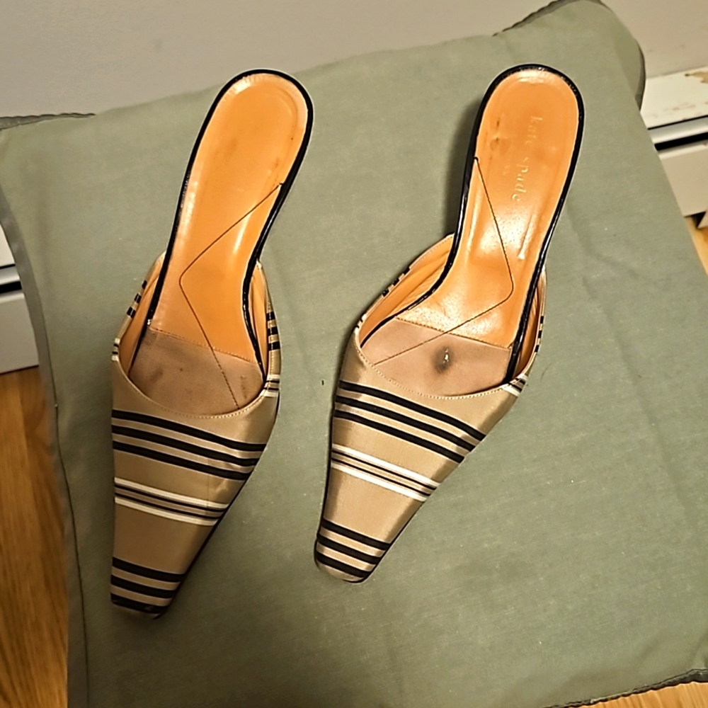 kate spade Beige and Black Striped Pointed Mule Heels